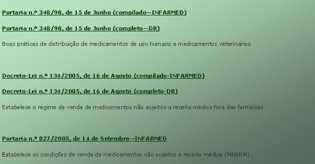 Text Box: Portaria n. 348/98, de 15 de Junho (compiladoINFARMED)	      Portaria n. 348/98, de 15 de Junho (completoDR)	      Boas prticas de distribuio de medicamentos de uso humano e medicamentos veterinriosDecreto-Lei n. 134/2005, de 16 de Agosto (compilado-INFARMED)	        Decreto-Lei n. 134/2005, de 16 de Agosto (completo-DR)	   Estabelece o regime da venda de medicamentos no sujeitos a receita mdica fora das farmciasPortaria n. 827/2005, de 14 de SetembroINFARMED		Estabelece as condies de venda de medicamentos no sujeitos a receita mdica (MNSRM)